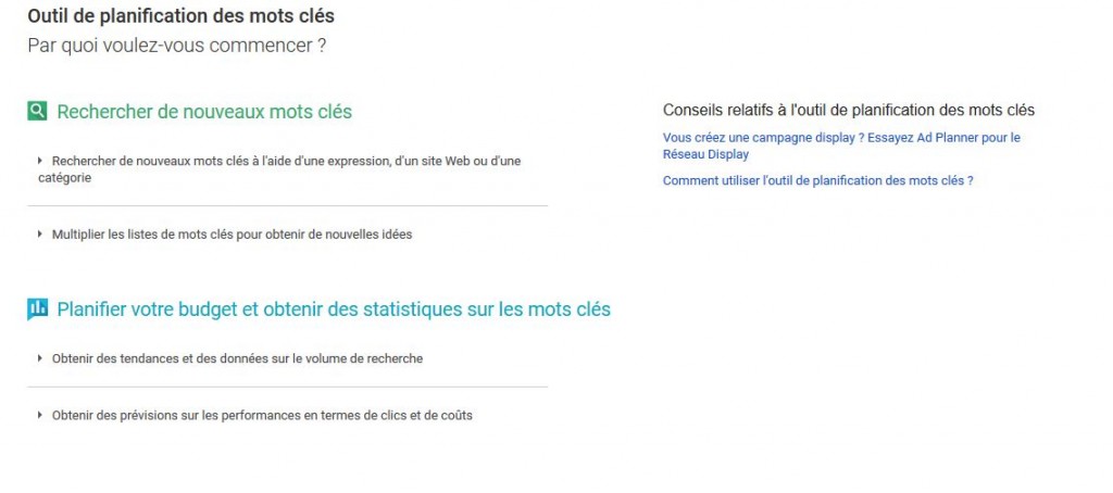 Outil planification de mots clés Google