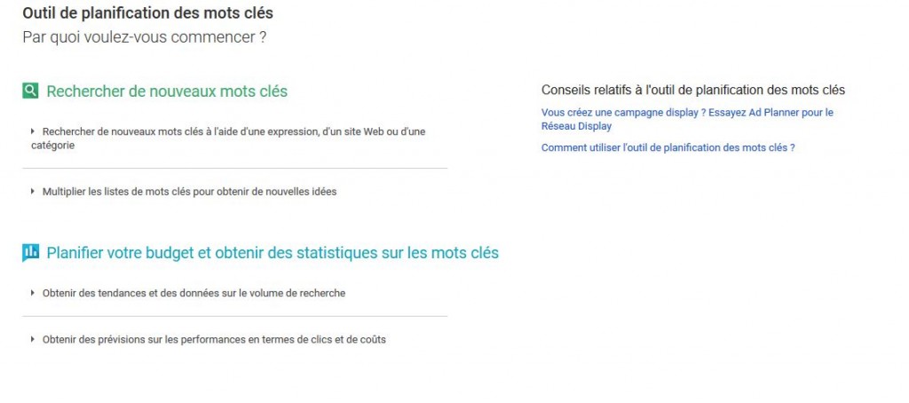 Outil planification de mots clés Google
